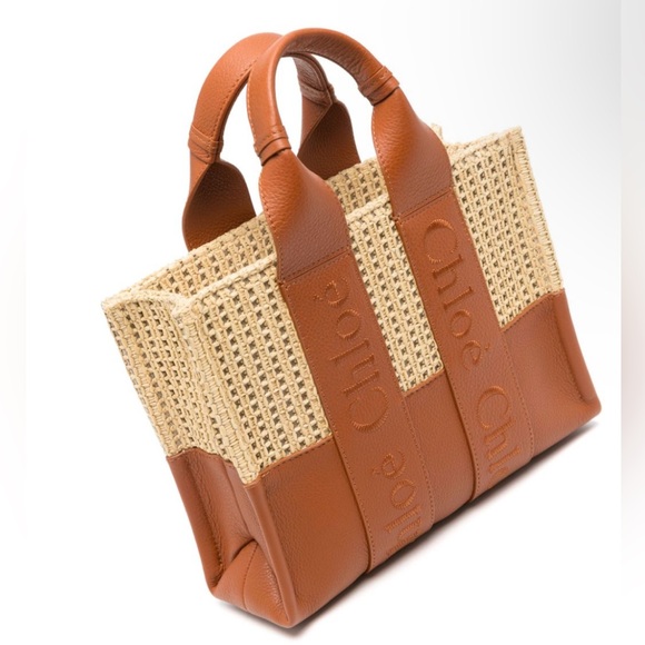 Chloe Handbags - Brand New Chloé small Woody tote bag (caramel brown leather woven raffia design)